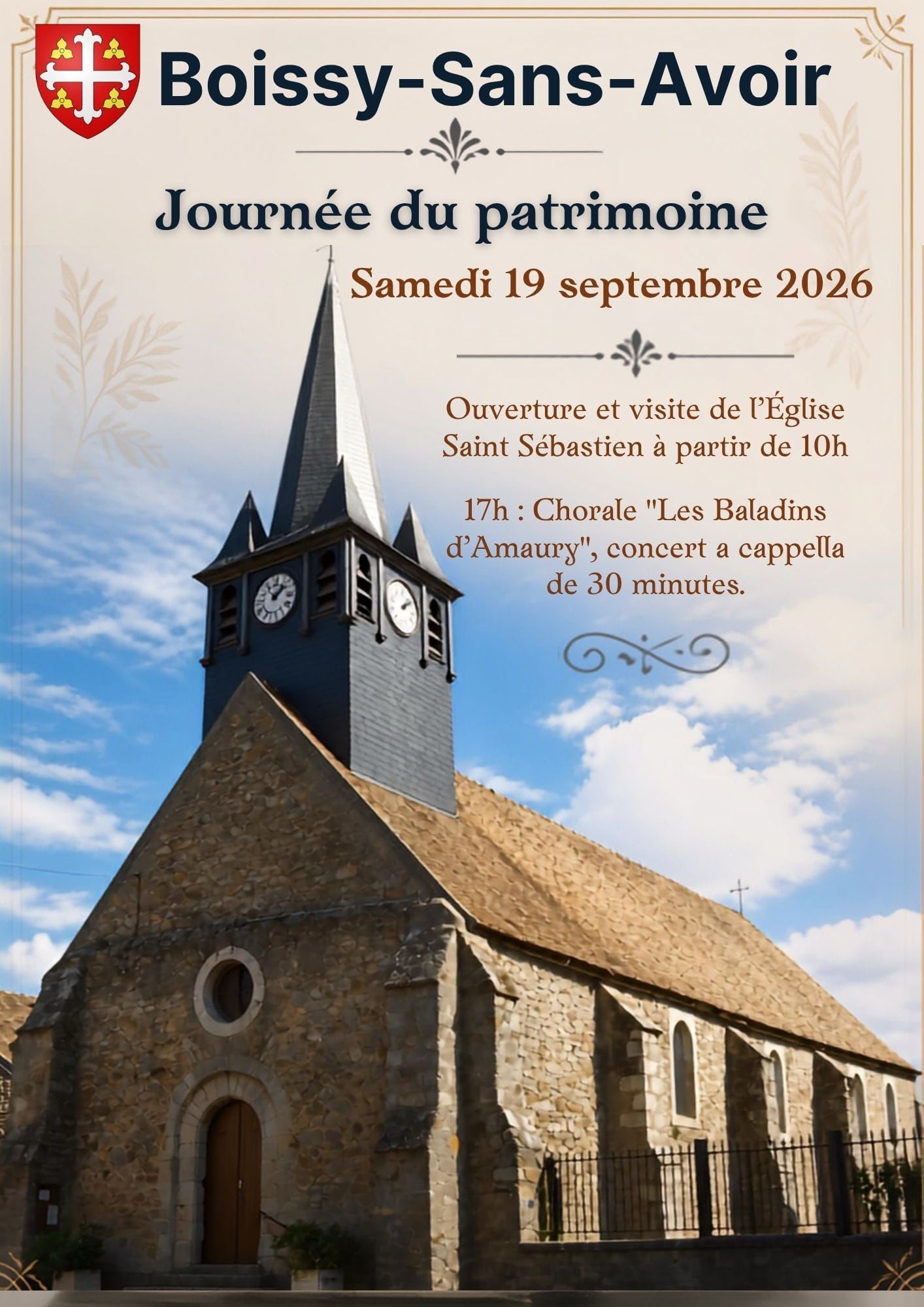 Affiche de la Journée du patrimoine à Boissy-sans-Avoir, samedi 19 septembre 2026 à 17 heures